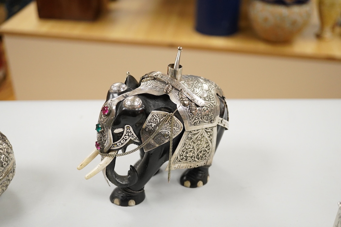 A George V engraved silver rectangular tea caddy, by Nathan & Hayes, Chester, 1913, 81mm, together with an Edwardian repousse silver mounted ring box by Nathan & Hayes, Chester, 1905, a Scottish silver and tortoiseshell